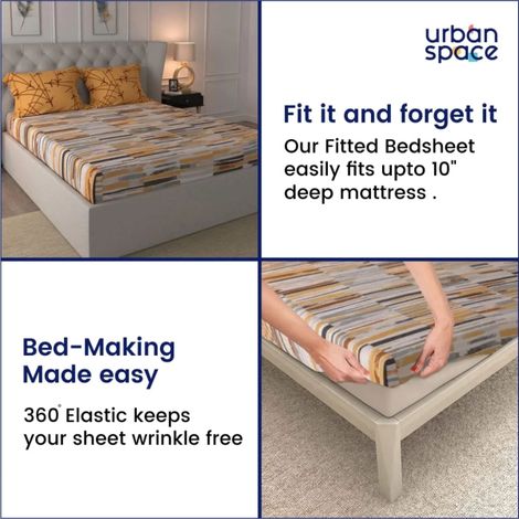 Urban Space 144 TC 100% Cotton Double Bedsheet with 2 Pillow Covers - Stripe Mustard