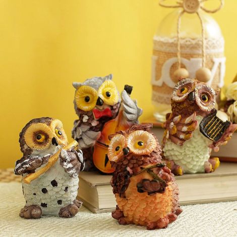 Tied Ribbons 4 Pcs Owls Playing Musical Instruments Showpiece