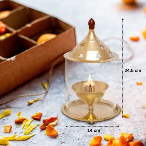Nitya Brass Akhand Jyot Aaradhya Diya With Borosilicate Glass Medium | Gold | Shubhkart