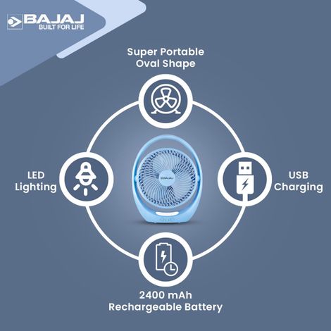 Bajaj Pygmy Go Mini Fan with LED Lighting, 178MM, Rechargeable, USB Charging, 4-hours Battery Backup, 3 Speed, 2-Light Brightness Setting - Blue