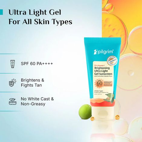 Pilgrim 5% Vitamin C Brightening Ultra Light Gel Sunscreen SPF 60 PA++++ W/ Australian Kakadu Plum