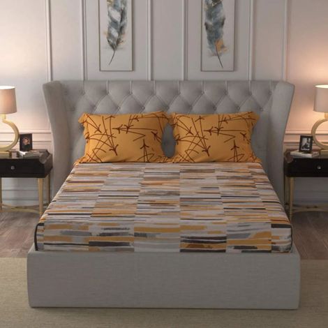 Urban Space 144 TC 100% Cotton Double Bedsheet with 2 Pillow Covers - Stripe Mustard