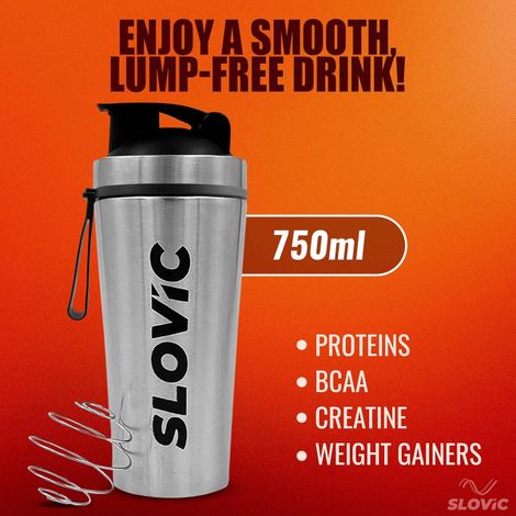 Slovic 750ml Stainless Steel Shaker Bottle for Gym with Leakproof Lid & Blender Ball - 100% BPA Free