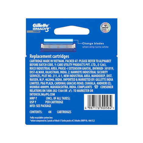 Gillette Mach3 Turbo 3-Bladed Cartridges with Comfort Gel Bar (Pack of 4)