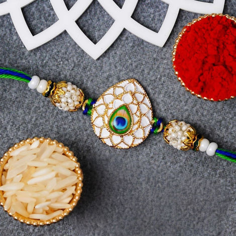 Peacock Feather Pearls Designer Rakhi for Brother, Bhai, and Bhaiya with Roli Chawal Pack (eCraftIndia)
