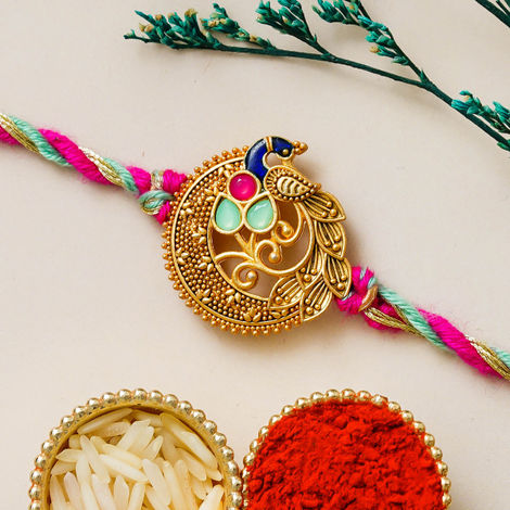 Kundan Peacock Kundan Rakhi for Bhai and Bhaiya with Roli Chawal Pack (eCraftIndia)