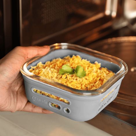 Glasafe Fresh Grip Borosilicate Glass Tiffin With Protective Silicone Sleeve (Soothing Slate) 520Ml