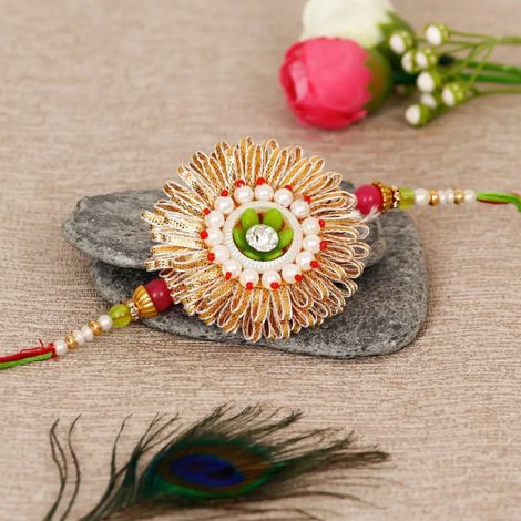 Floral Multicolor Round Flower Designer Rakhi for Brother with Roli Chawal Pack (eCraftIndia)