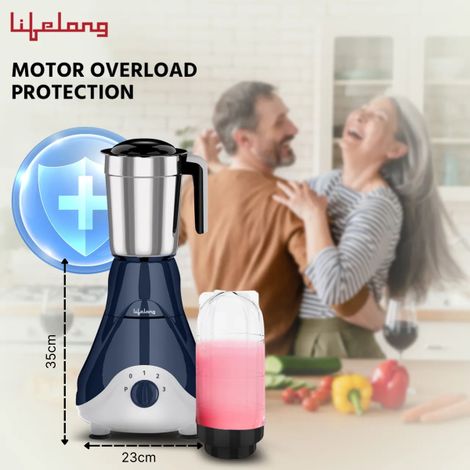 Lifelong Mixer Grinder | 500 W | 4 Jars - 2 Stainless Steel Jars and 2 Nutri bullet Jars for Smoothie & Blending - Blue