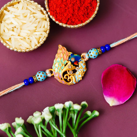 Peacock Rakhi for Brother, Kids, Bhai, and Bhaiya | Single Designer Rakhi with Roli Chawal Pack (eCraftIndia)