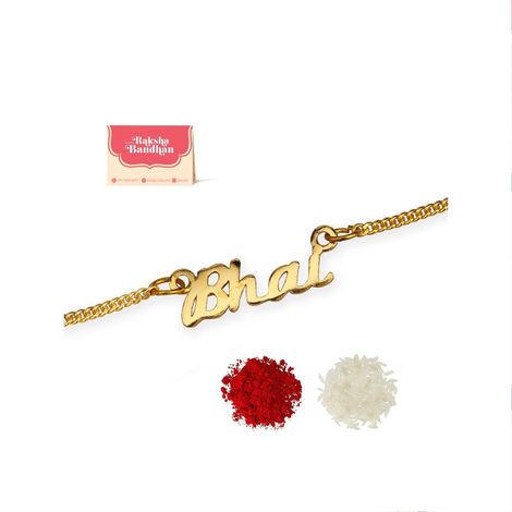 Gold-Toned Rakhi Bracelet Engraved with The Word 'Bhai' with Roli Chaawal Pack (Voylla)