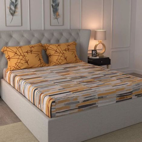 Urban Space 144 TC 100% Cotton Double Bedsheet with 2 Pillow Covers - Stripe Mustard