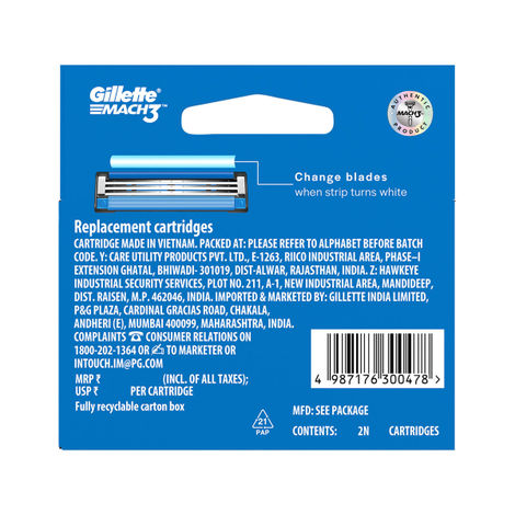 Gillette Mach 3 Shaving Razor Blades For Men (2 Cartridges)