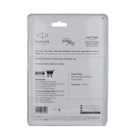 Parker Jotter Stainless Steel Ball Pen Gold Trim (Blue Ink)