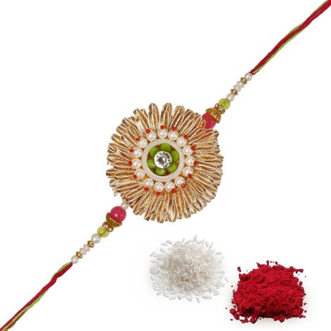 Floral Multicolor Round Flower Designer Rakhi for Brother with Roli Chawal Pack (eCraftIndia)