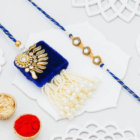 Bhaiya Bhabhi Blue Pearl Kundan Beads Designer Kundan Rakhis for Bhaiya and Bhabhi (eCraftIndia) Set of 2