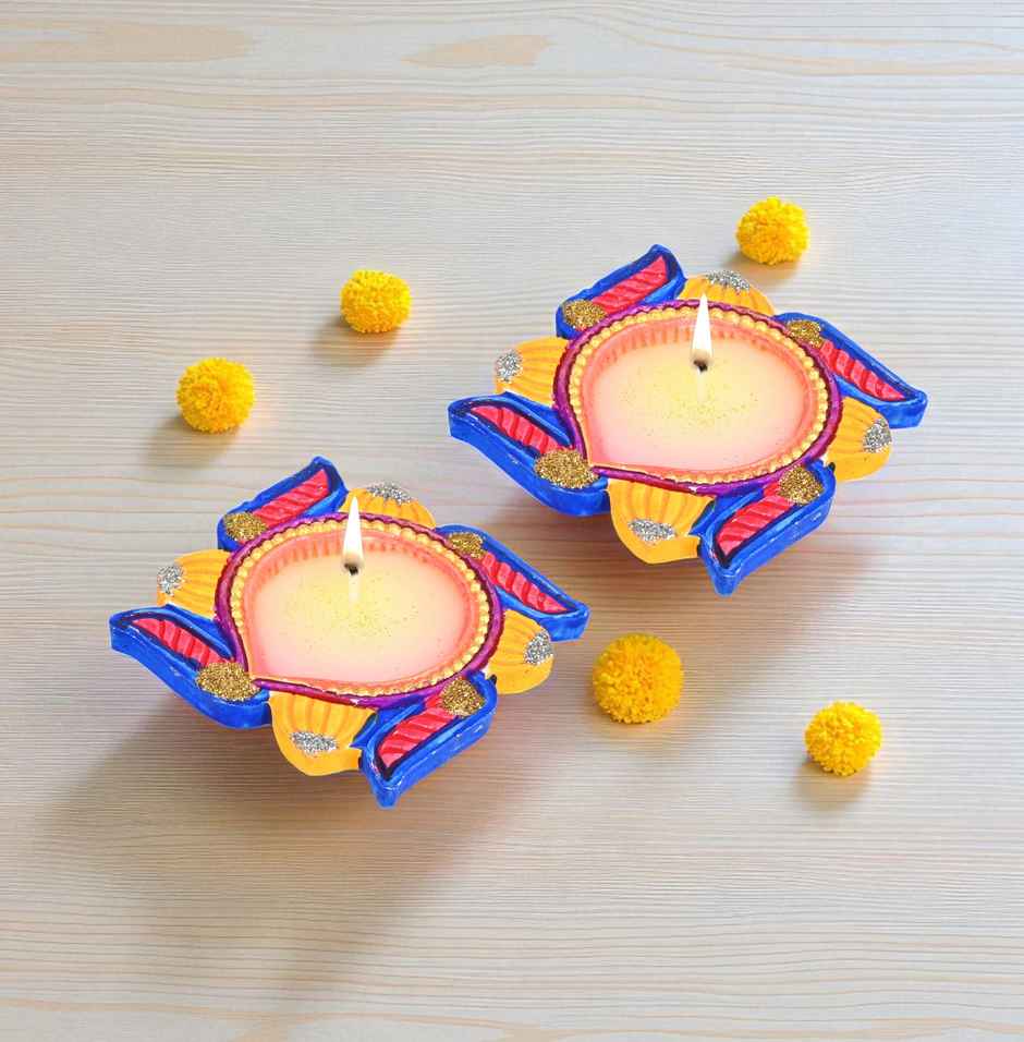 Designer Clay Wax Diya | Pack Of 2 | Multicolour | Skilsy Handicrafts
