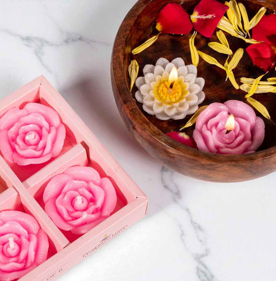 Rose Floating Wax Candles | Multicolour | Pack of 6 | Prosperro Lumo