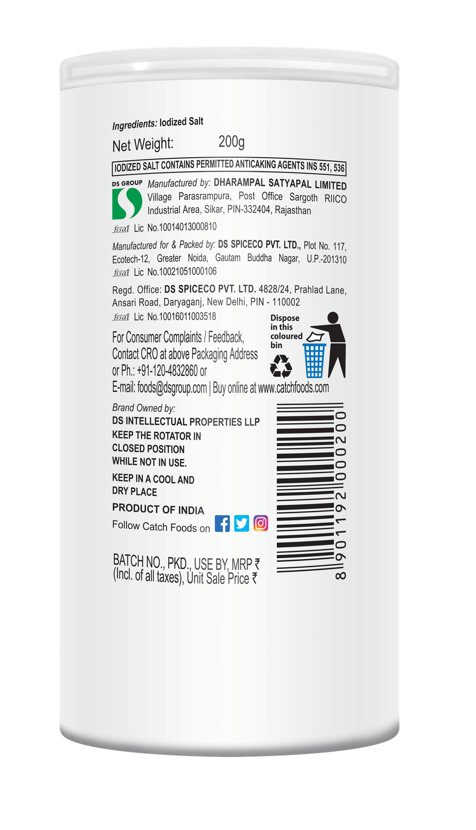 Catch Sprinklers Iodized Table Salt