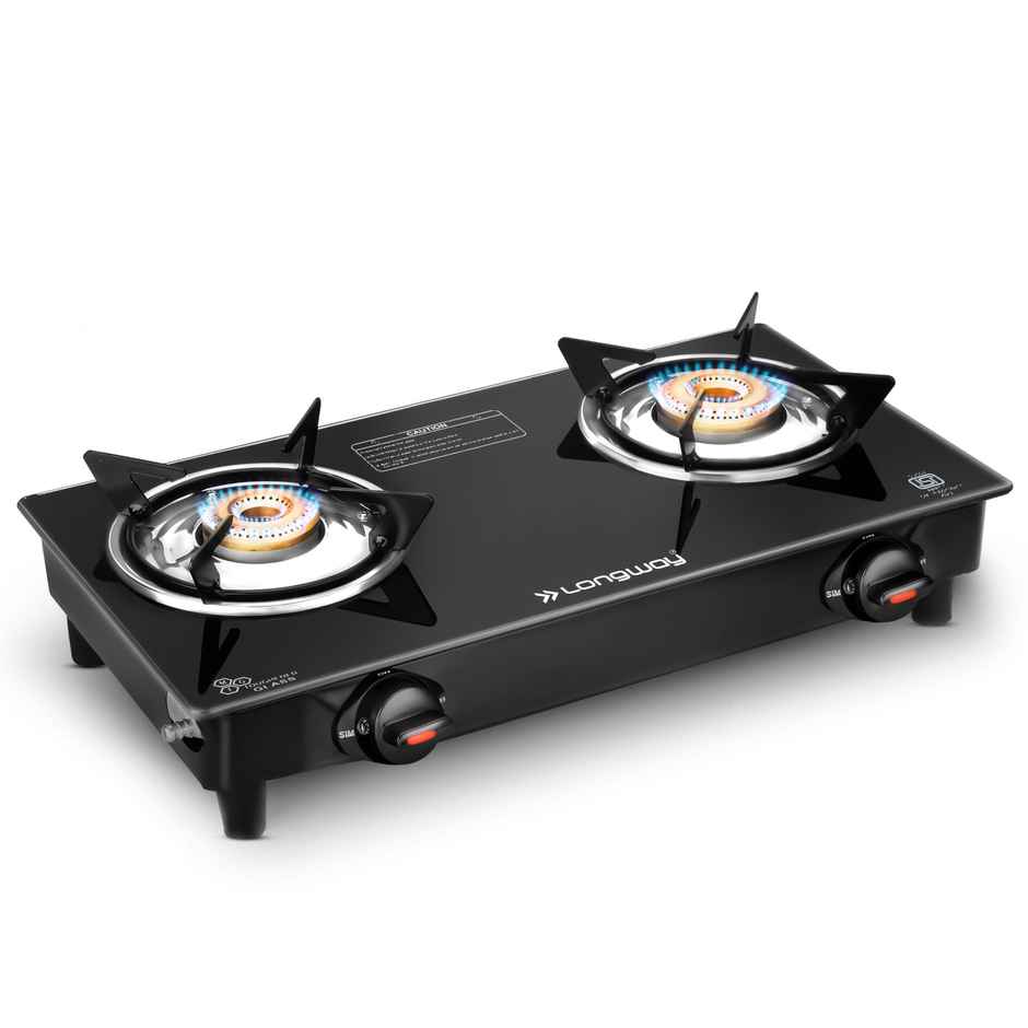 Longway Furn Glass Top, 2 Burner Manual Ignition Glass Gas Stove (Black)
