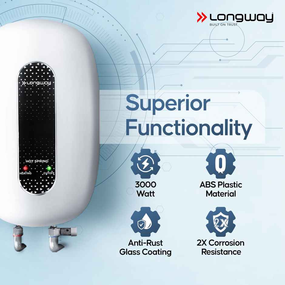 Longway Hotspring Automatic Instant Water Heater with Multiple Safety & ABS Body | 3 Ltr | White