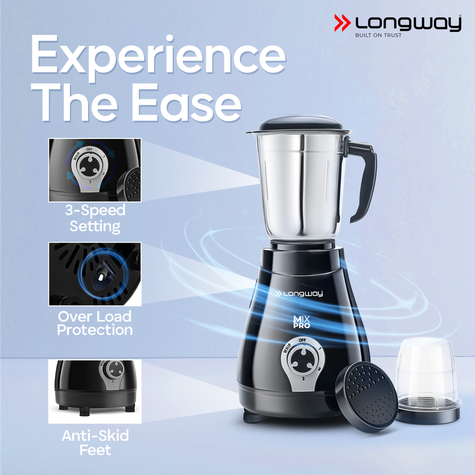 Longway Mix Pro 550 Watt Mixer Grinder with 4 Jar | Juicing /Powerful Motor | Black & Gray