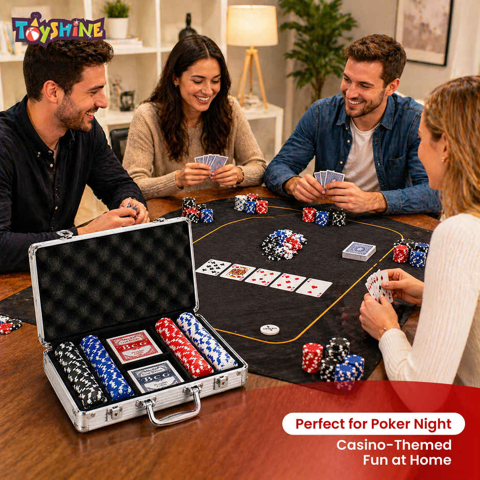 Toyshine Casino Style Poker Chips Set with Aluminum Finish Case, 2 Decks of Cards, 5 Dice, 1 Dealer Button - 200 Chip set
