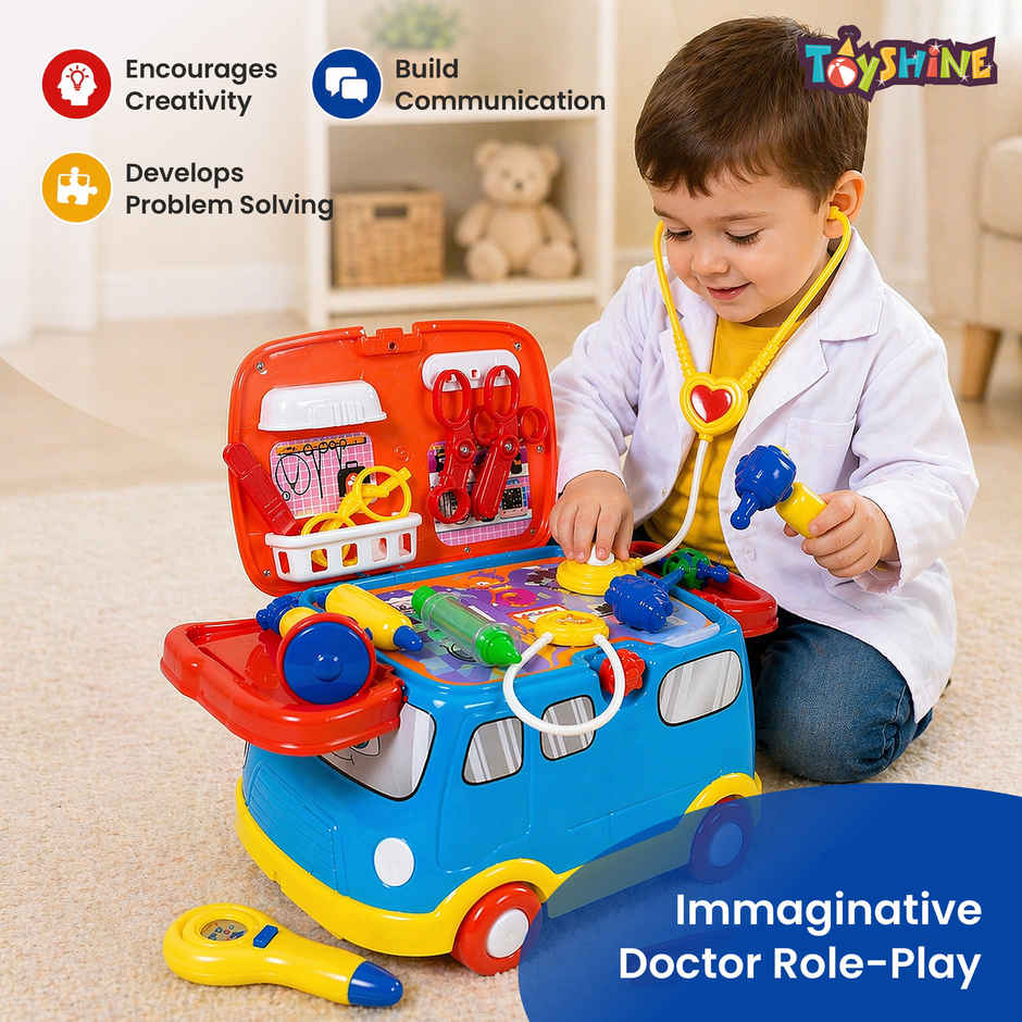 Toyshine 2 In 1 Doctor Vehicle Mini Bus Baby Ride On and Doctor Play 16 Pc Set For Kids Ages 3+