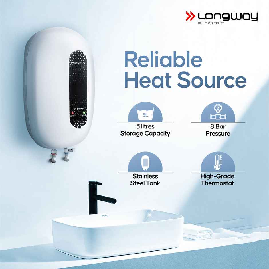 Longway Hotspring Automatic Instant Water Heater with Multiple Safety & ABS Body | 3 Ltr | White