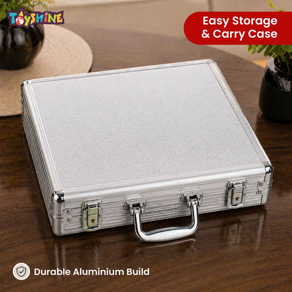 Toyshine Casino Style Poker Chips Set with Aluminum Finish Case, 2 Decks of Cards, 5 Dice, 1 Dealer Button - 200 Chip set