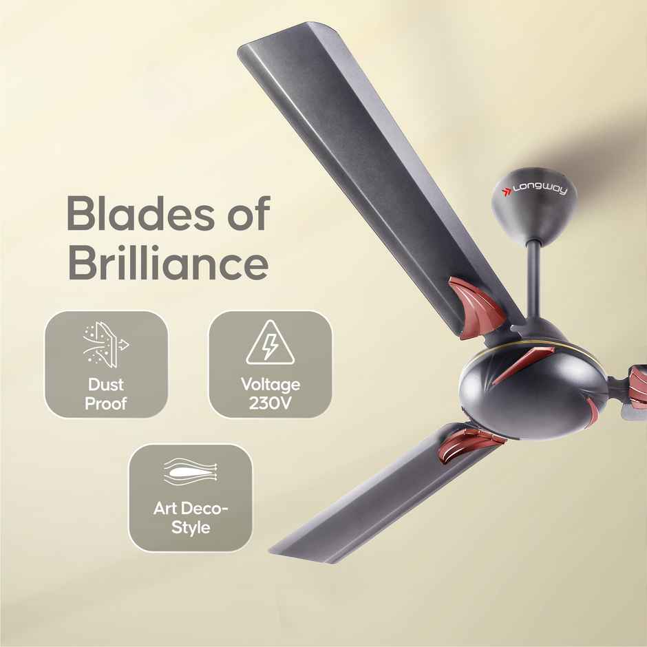 LONGWAY Creta P1 50W Ceiling Fan, 1200mm/48 inch, Ultra High Speed, Anti-Dust, Star Rated - Smoked Brown