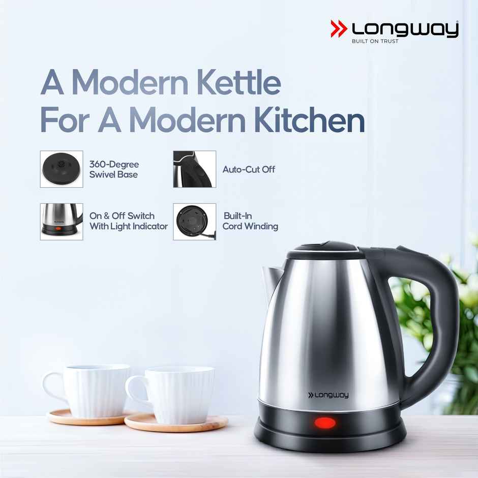 Longway Kestro 1.5 Ltr Electric Kettle with Stainless Steel Body for Coffee, Soup(1500 W, Silver)