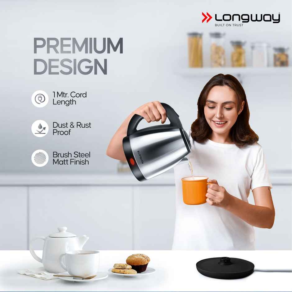 Longway Kestro 1.5 Ltr Electric Kettle with Stainless Steel Body for Coffee, Soup(1500 W, Silver)