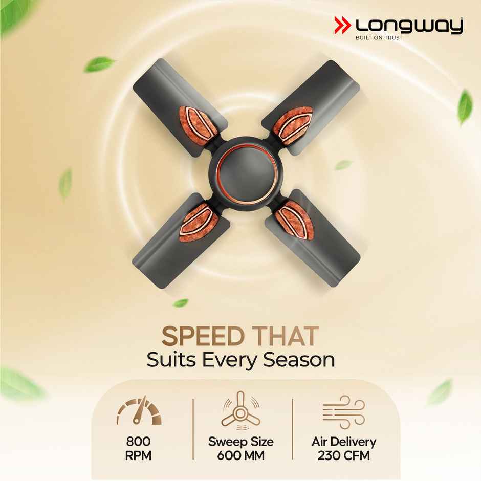 Longway Kiger P1 Ceiling Fan, 600mm/24 inch, Ultra High Speed, 4 Blade Anti-Dust Decorative Star Rated - Smoked Brown