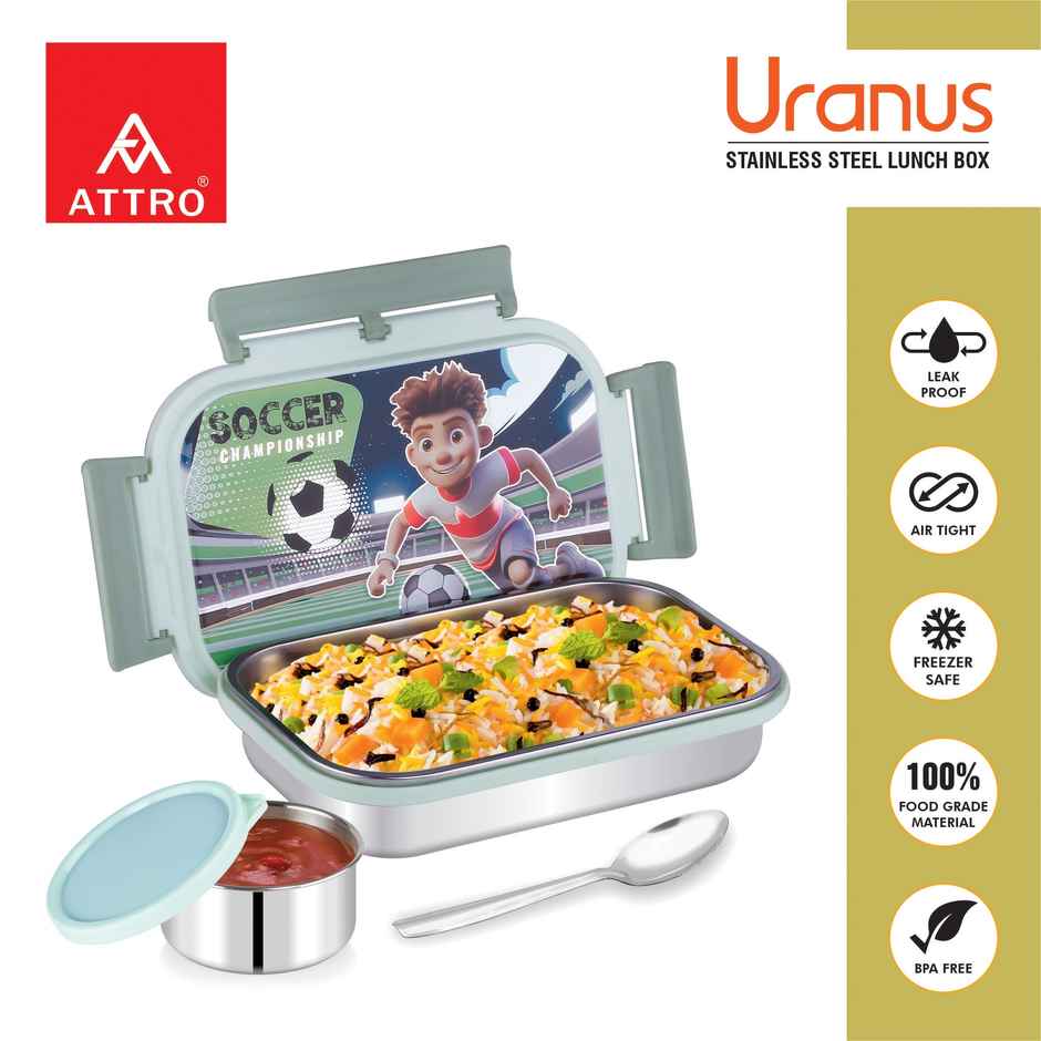 Attro Uranus Kids Steel Lunch Box | 700 + 160 ml | Small Container, Spoon Mint Green
