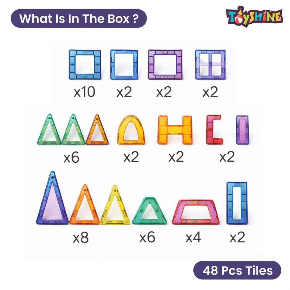 Toyshine 48-piece Magnetic Tiles Building Block Educational Toy Stem Kit | Ages 3+
