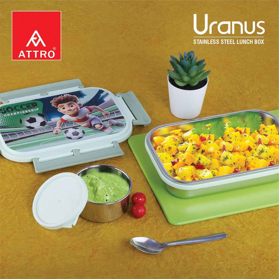 Attro Uranus Kids Steel Lunch Box | 700 + 160 ml | Small Container, Spoon Mint Green