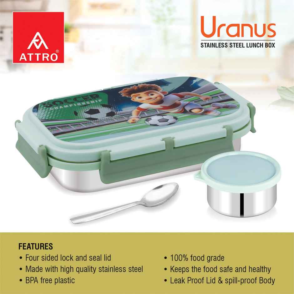 Attro Uranus Kids Steel Lunch Box | 700 + 160 ml | Small Container, Spoon Mint Green