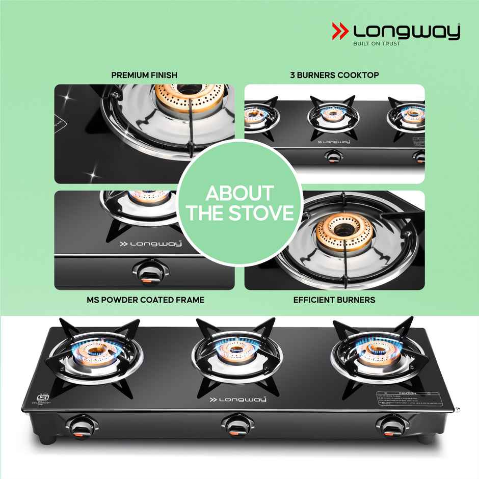 Longway 3 Burner Furn Glass Top | Manual Ignition Glass Gas Stove | ISI Certified