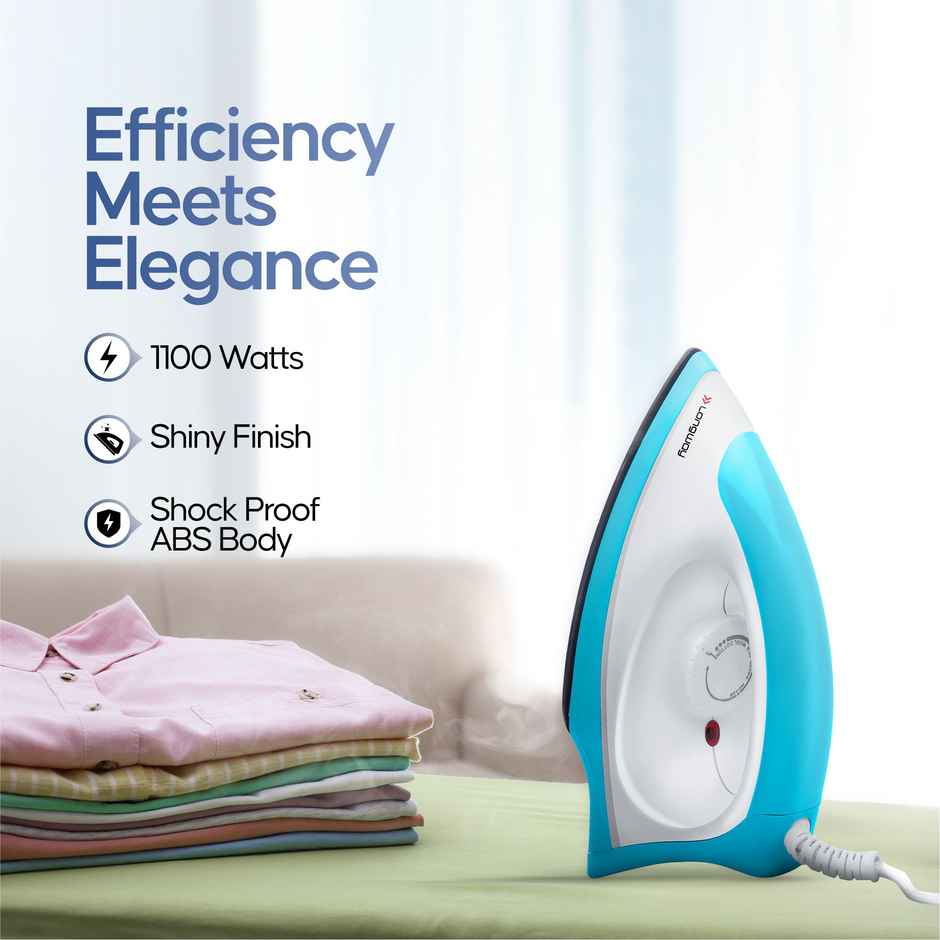 Longway Kwid Light Weight Non-Stick Teflon Coated Dry Iron, Electric Iron(1100 Watt, Blue)