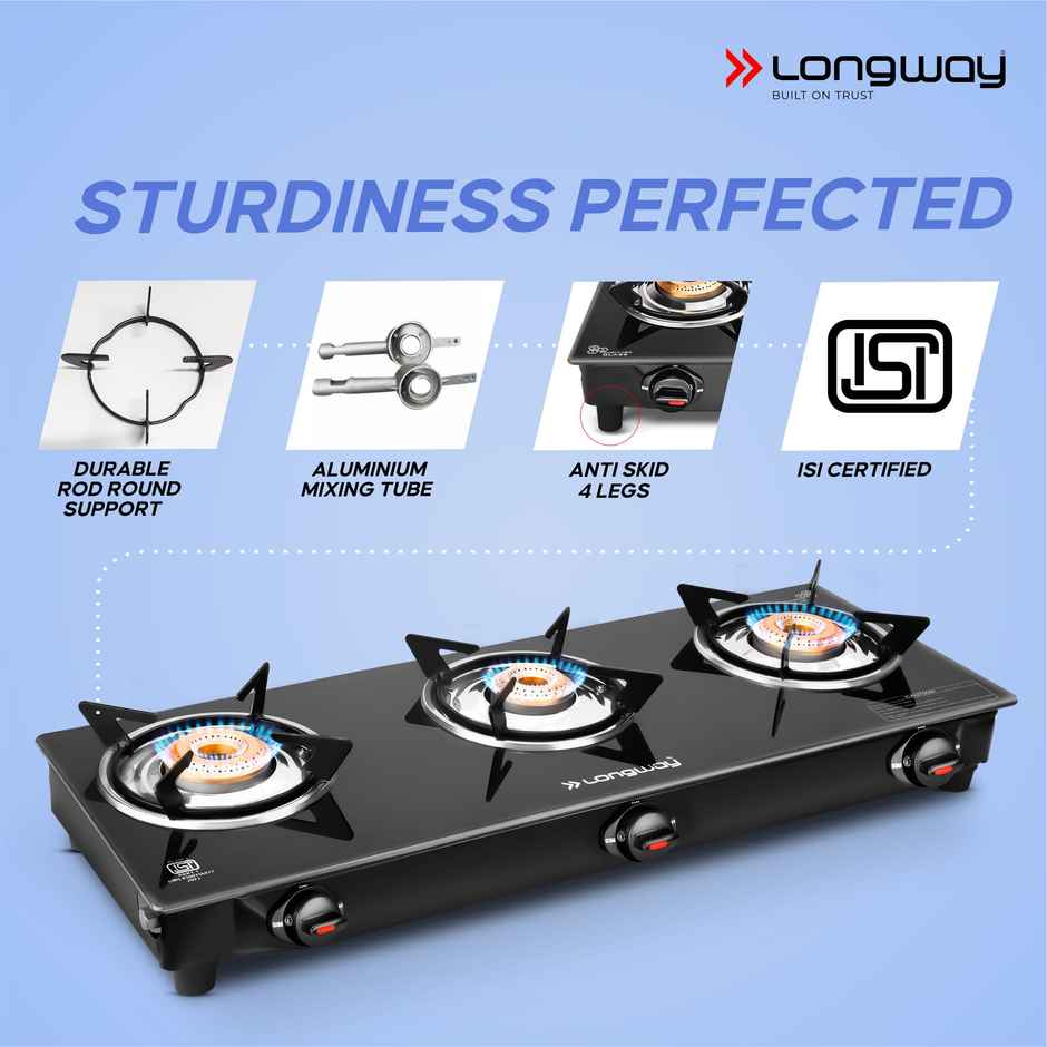 Longway 3 Burner Furn Glass Top | Manual Ignition Glass Gas Stove | ISI Certified
