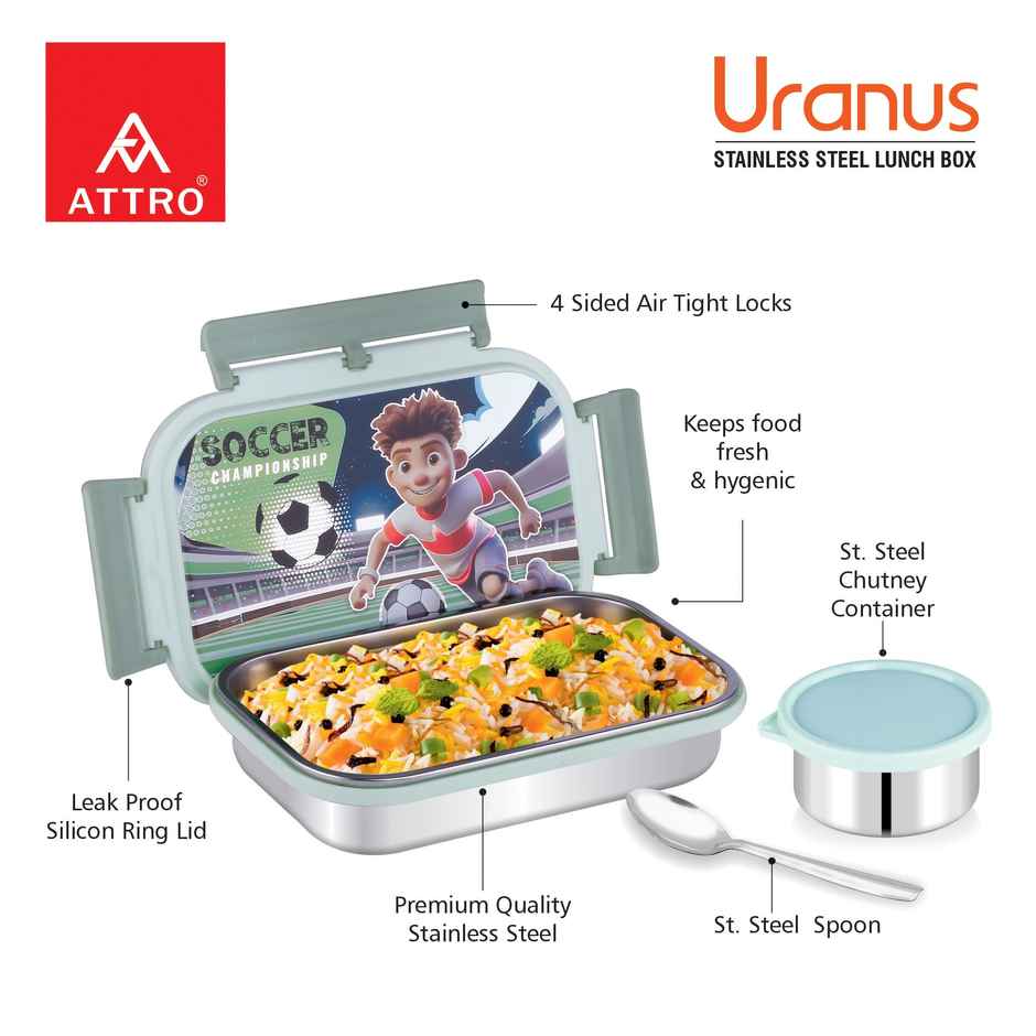 Attro Uranus Kids Steel Lunch Box | 700 + 160 ml | Small Container, Spoon Mint Green