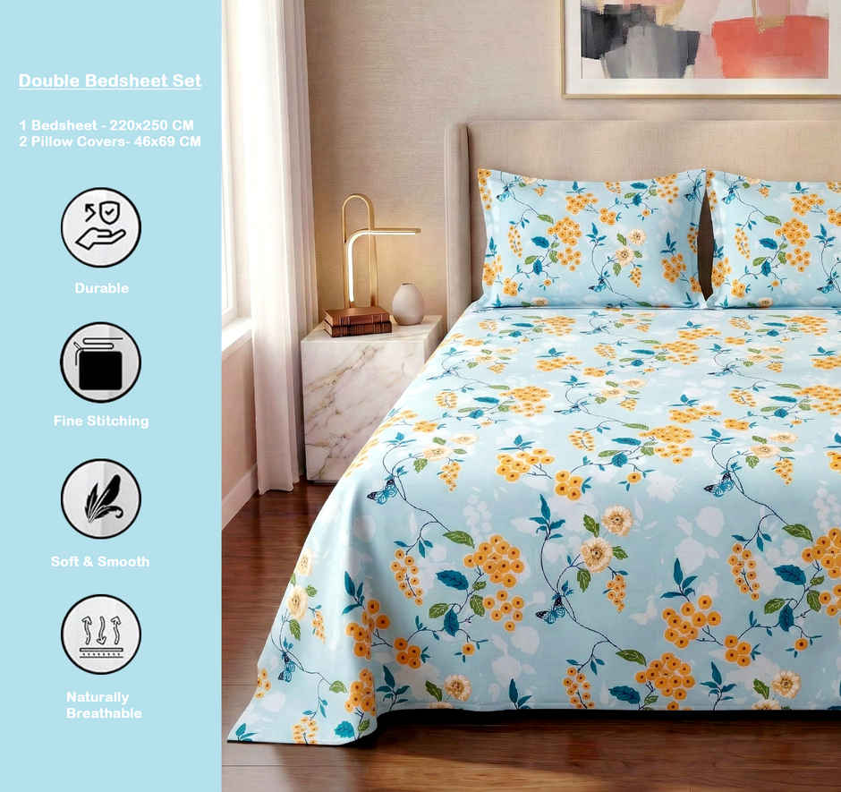Dream Living 115 GSM Double Bedsheet Set |220 x 250 cm| With 2 Pillow Covers