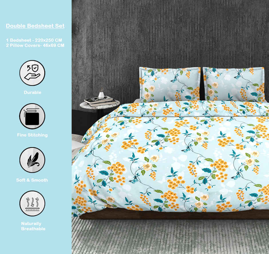Dream Living 115 GSM Double Bedsheet Set |220 x 250 cm| With 2 Pillow Covers