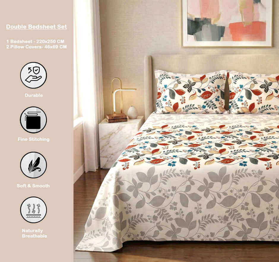 Dream Living 115 GSM Double Bedsheet Set |220 x 250 cm| With 2 Pillow Covers