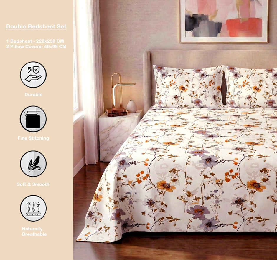 Dream Living 115 GSM Double Bedsheet Set |220 x 250 cm| With 2 Pillow Covers
