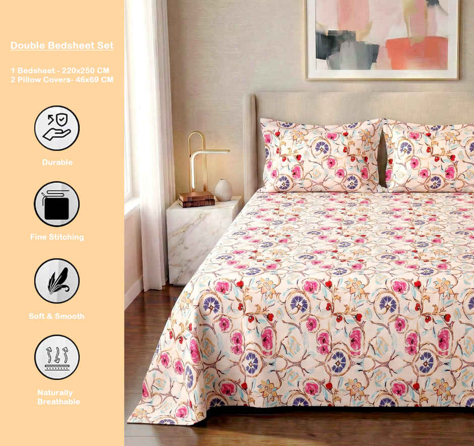 Dream Living 115 GSM Double Bedsheet Set |220 x 250 cm| With 2 Pillow Covers