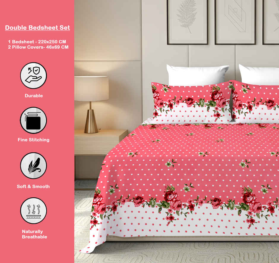 Dream Living 115 GSM Double Bedsheet Set |220 x 250 cm| With 2 Pillow Covers