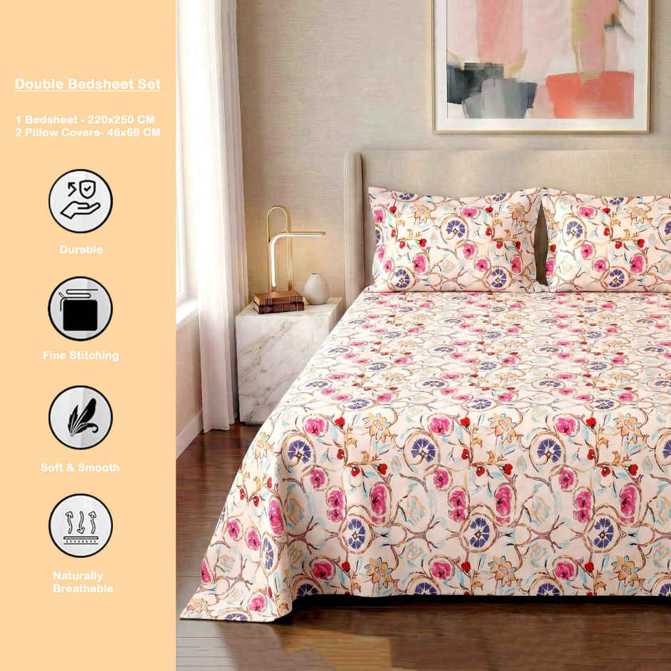Dream Living 115 GSM Double Bedsheet Set |220 x 250 cm| With 2 Pillow Covers