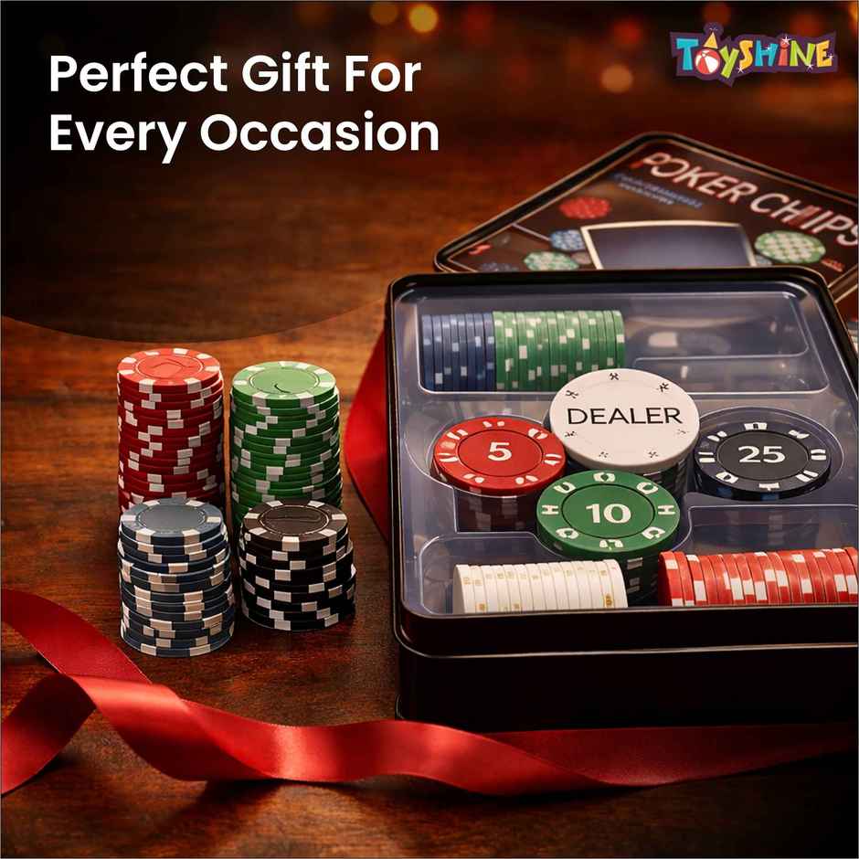 Toyshine Casino Style 100 Pcs Poker Chips Set in a Tin Case with 1 Dealer Button